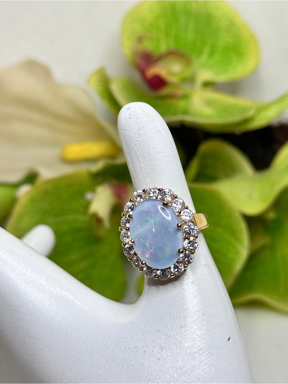 Y2K Opal Halo Ring with White Opal and Clear Stones 925 Sterling Band Gold Tone